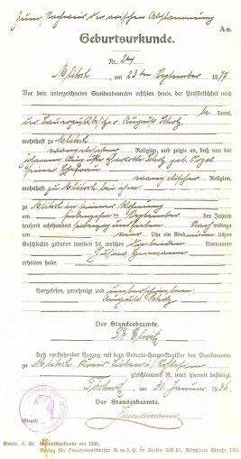 Geburtsurkunde Gustav Hermann Scholz 1877 Mlitsch