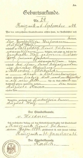Geburtsurkunde von Auguste Anna Wolf 1879 in Kniegnitz