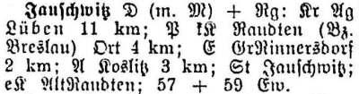 Jauschwitz in: Alphabetisches Verzeichnis sämtlicher Ortschaften der Provinz Schlesien 1913