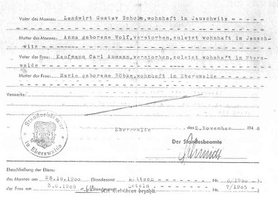 Heiratsurkunde von Heinz Scholz und Erna geb. Aumann vom 8.2.1941 in Eberswalde