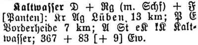 Kaltwasser in: Alphabetisches Verzeichnis sämtlicher Ortschaften der Provinz Schlesien 1913