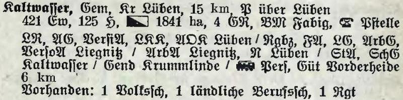 Kaltwasser in: Alphabetisches Verzeichnis der Stadt- und Landgemeinden im Gau Niederschlesien 1939