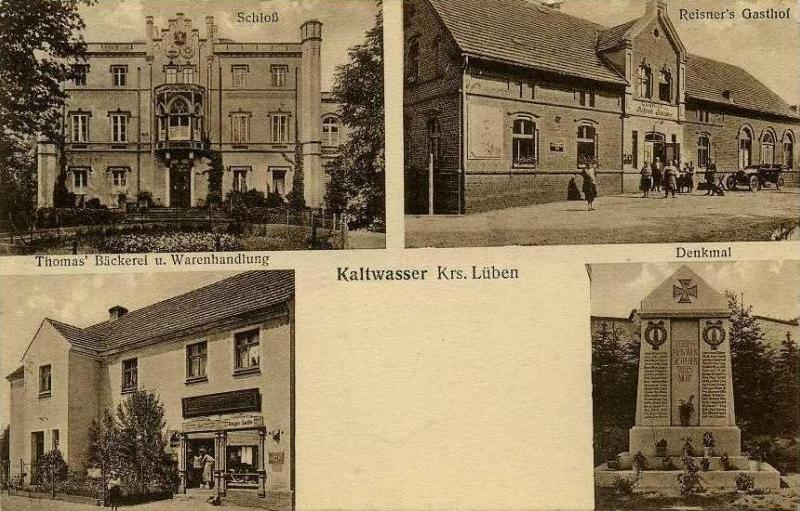 Schloss, Alfred Reisner's Gasthof, Richard Thomas' Bäckerei und Warenhandlung, Kriegerdenkmal