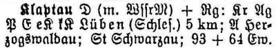 Klaptau in: Alphabetisches Verzeichnis sämtlicher Ortschaften der Provinz Schlesien 1913