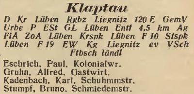 Klaptau in: Amtliches Landes-Adressbuch der Provinz Niederschlesien 1927
