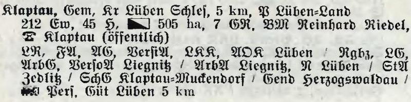 Klaptau in: Alphabetisches Verzeichnis der Stadt- und Landgemeinden im Gau Niederschlesien 1939