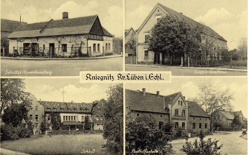 Kniegnitz: Scholtz' Warenhandlung, Luge's Gasthaus, Schloß, Posthilfsstelle