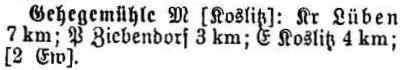 Schlesisches Ortschaftsverzeichnis 1913 - Gehegemühle