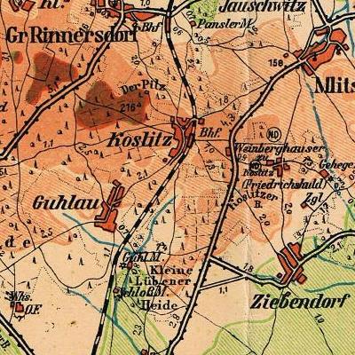 Koslitz, Friedrichshuld, Weinberghäuser auf der Kreiskarte Lüben 1935