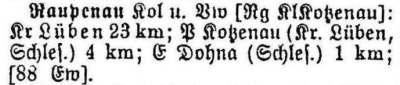 Raupenau in: Alphabetisches Verzeichnis sämtlicher Ortschaften der Provinz Schlesien 1913