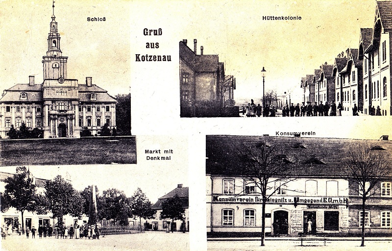 Schloss, Hüttenkolonie, Markt mit Denkmal, Konsumverein