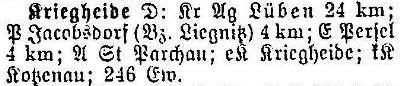 Kriegheide in: Alphabetisches Verzeichnis sämtlicher Ortschaften der Provinz Schlesien 1913