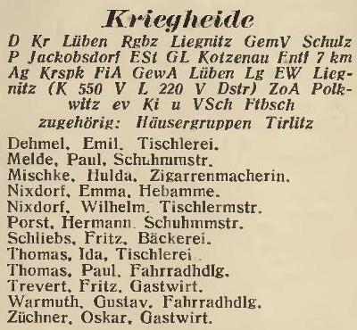 Kriegheide in: Amtliches Landes-Adressbuch der Provinz Niederschlesien 1927