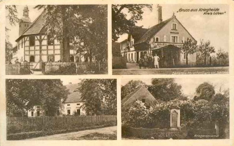 Kriegheide: Kirche, Bäckerei und Warenhandlung Fritz Schliebs, Pfarrhaus, Kriegerdenkmal