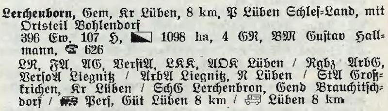 Lerchenborn in: Alphabetisches Verzeichnis der Stadt- und Landgemeinden im Gau Niederschlesien 1939
