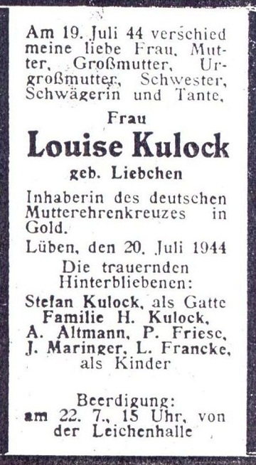 Todesanzeige Louise Kulock geb. Liebchen