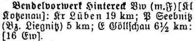 Bendelvorwerk in: Alphabetisches Verzeichnis sämtlicher Ortschaften der Provinz Schlesien 1913