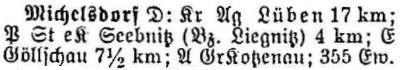 Michelsdorf in: Alphabetisches Verzeichnis sämtlicher Ortschaften der Provinz Schlesien 1913