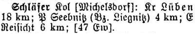 Schläfer in: Alphabetisches Verzeichnis sämtlicher Ortschaften der Provinz Schlesien 1913