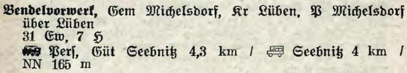 Bendelvorwerk in: Alphabetisches Verzeichnis der Stadt- und Landgemeinden im Gau Niederschlesien 1939