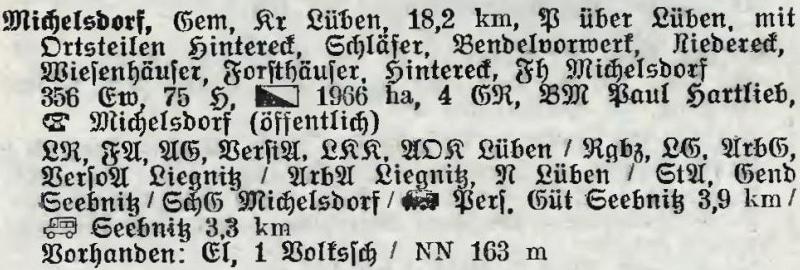 Michelsdorf in: Alphabetisches Verzeichnis der Stadt- und Landgemeinden im Gau Niederschlesien 1939
