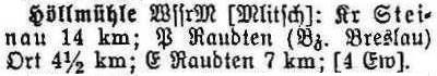 Schlesisches Ortschaftsverzeichnis 1913 - Höllmühle