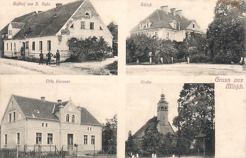 Mlitsch 1906: Gasthof von B. Kahl, Schloss, Villa Kutzner, Kirche