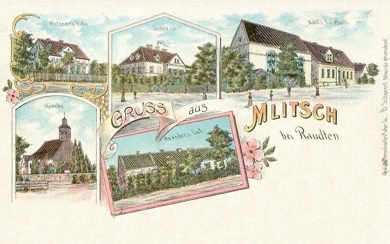 Mlitsch 1908: Kutzner's Villa, Schloss, Kahl's Gasthaus, Kirche, Hoerder's Gut