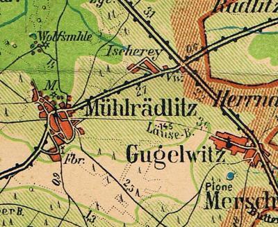 Mühlrädlitz und Ischerey auf der Kreiskarte Lüben 1935