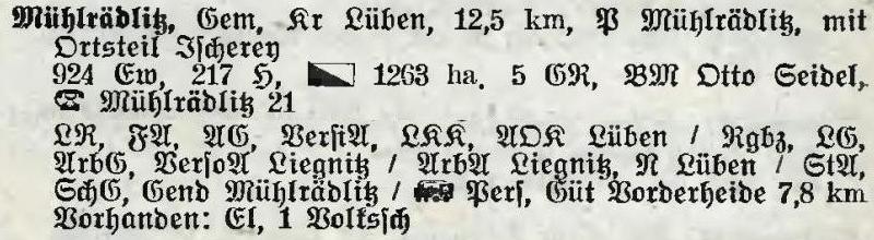 Mühlrädlitz in: Alphabetisches Verzeichnis der Stadt- und Landgemeinden im Gau Niederschlesien 1939