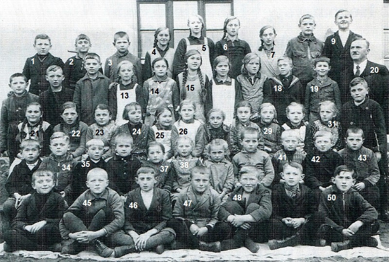 Schüler der einklassigen Volksschule Neudorf bei Lüben im Jahr 1934 mit Lehrer Erich Schild