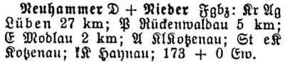 Neuhammer in: Alphabetisches Verzeichnis sämtlicher Ortschaften der Provinz Schlesien 1913