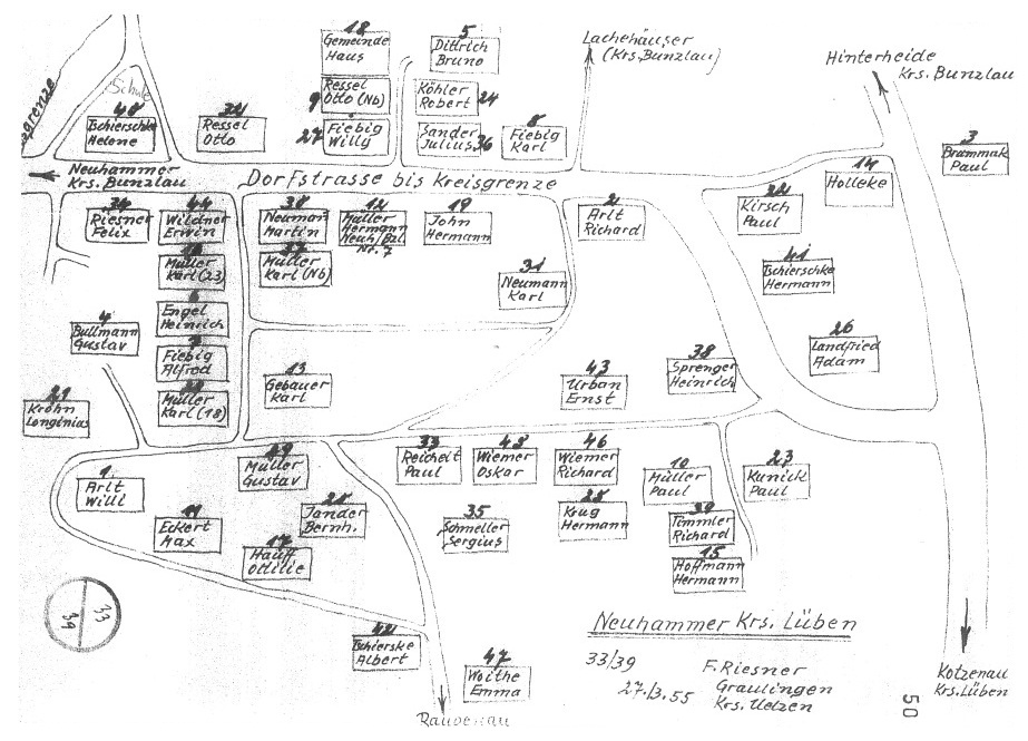 Dorfplan Neuhammer, angefertigt von Felix Riesner im Jahr 1955