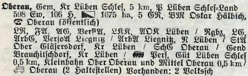 Oberau in: Alphabetisches Verzeichnis der Stadt- und Landgemeinden im Gau Niederschlesien 1939