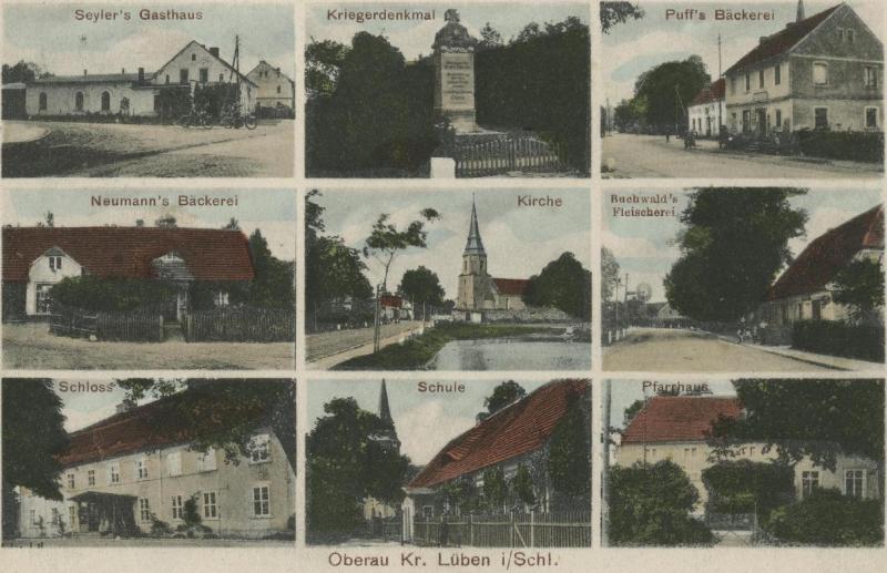 Konrad Seyler's Gasthaus, Kriegerdenkmal, Paul Puff's Bäckerei, Neumann's Bäckerei, Kirche, Buchwald's Fleischerei, Schloss, Schule, Pfarrhaus