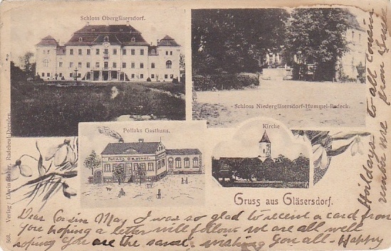 1907: Schloss Obergläsersdorf, Schloss Niedergläsersdorf-Hummel-Radeck, Pollaks Gasthaus, Kirche