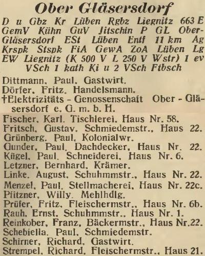 Ober Gläsersdorf in: Amtliches Landes-Adressbuch der Provinz Niederschlesien  1927