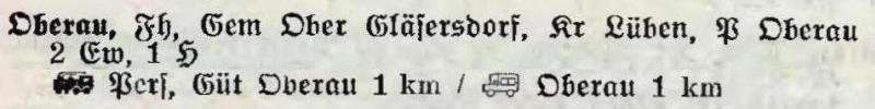 Forsthaus Oberau in:  Alphabetisches Verzeichnis der Stadt- und Landgemeinden im Gau Niederschlesien 1939