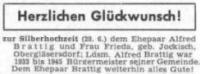 Glückwünsche zur Silberhochzeit für Alfred Brattig (1911-?)und Ehefrau