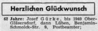 Gratulation zum 62. Geburtstag für Josef Gürke (1904-?)