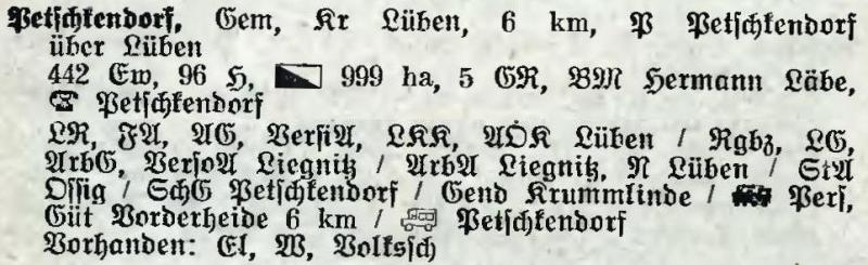 Petschkendorf in: Alphabetisches Verzeichnis der Stadt- und Landgemeinden im Gau Niederschlesien 1939