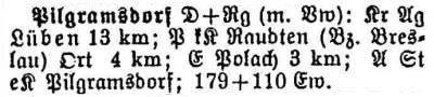 Pilgramsdorf in: Alphabetisches Verzeichnis sämtlicher Ortschaften der Provinz Schlesien 1913