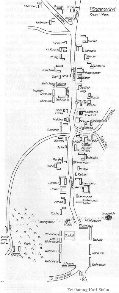 Ortslage von Pilgramsdorf, Zeichnung von Karl Stahn. Bewohner: Apler, Arndt, Beutner, Bräuer, Breitner, Dörfer, Falkenbach, Goischke, Gruber, Hartert, Hoffmann, Hollmann, Keudam, Klein, Puchel, Kleinert, Kleinert, Kliche, Knappe, Kohler, Kuche, Lehmberg, Lehmberg, Mahler, Malcher, Müller, Neudam, Niedergesäß, Patanoga, Promel, Pusch, Rentke, Sämann, Schäfer, Schöpke, Schöpke, Stahn, Stark, Voigt, Walter, Wende, Wiesner, Wuttig, Wuttke, Zichert, Zichert