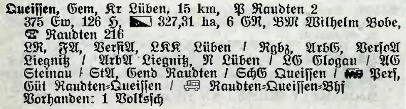 Queissen in: Alphabetisches Verzeichnis der Stadt- und Landgemeinden im Gau Niederschlesien 1939