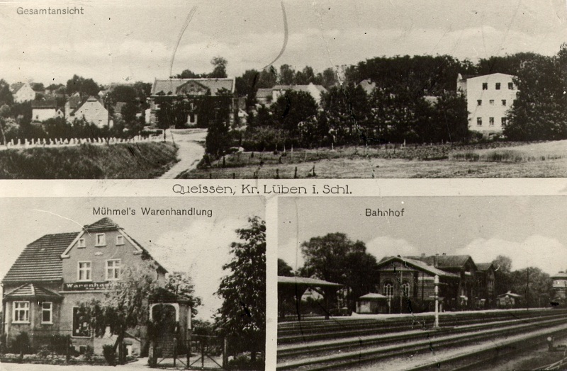 Gesamtansicht von Queissen, Mühmel's Warenhandlung und Bahnhof