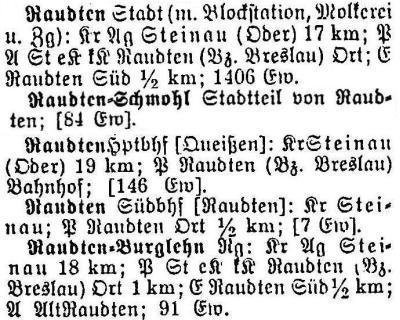 Raudten in: Alphabetisches Verzeichnis sämtlicher Ortschaften der Provinz Schlesien 1913