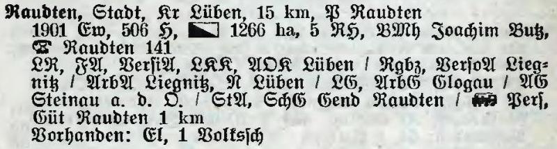 Raudten in: Alphabetisches Verzeichnis der Stadt- und Landgemeinden im Gau Niederschlesien 1939