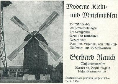 Anzeige des Mühlenbaumeisters Gerhard Rauch, Raudten, im Heimatkalender Lüben 1942