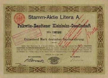 Aktie der Kleinbahn Raudten-Polkwitz von 1906