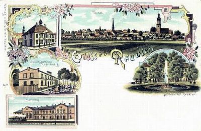 Ring mit Rathaus, Panorama mit katholischer und evangelischer Kirche, Schützenhaus Max Fiebig, Bahnhof Raudten-Queißen, Schloss Alt Raudten